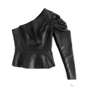 BCBG One-Shoulder Peplum Leather Top (XS)